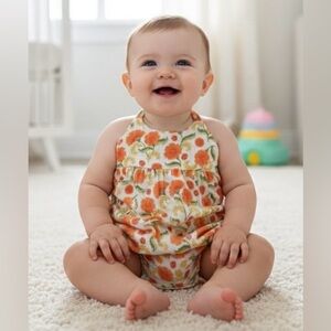 Angel Dear poppies muslin white/orange flower pattern romper, neck straps,6-12 m